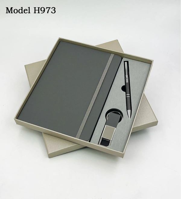 Caro 3 in 1 Giftset PU Leather Diary, Metal Ball Pen, Metal Hook Keychain - A5, Gray