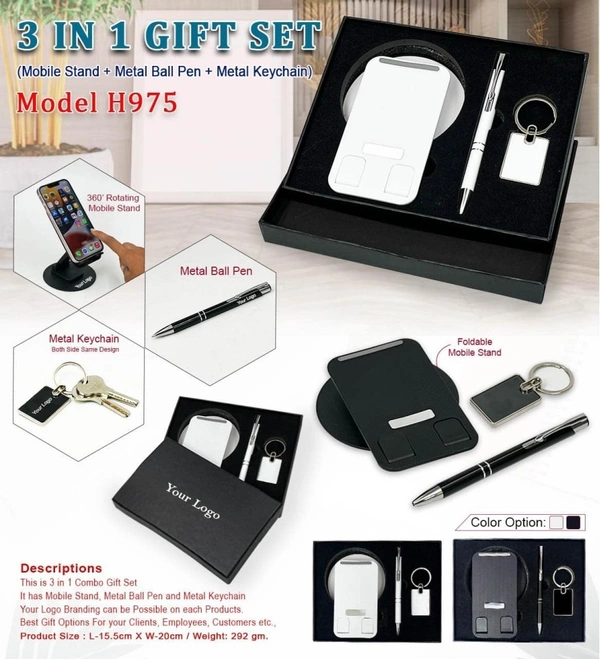Caro 3 IN 1 GIFT SET - 360 Degree Mobile Stand, Metal Ball Pen and Keychain - White