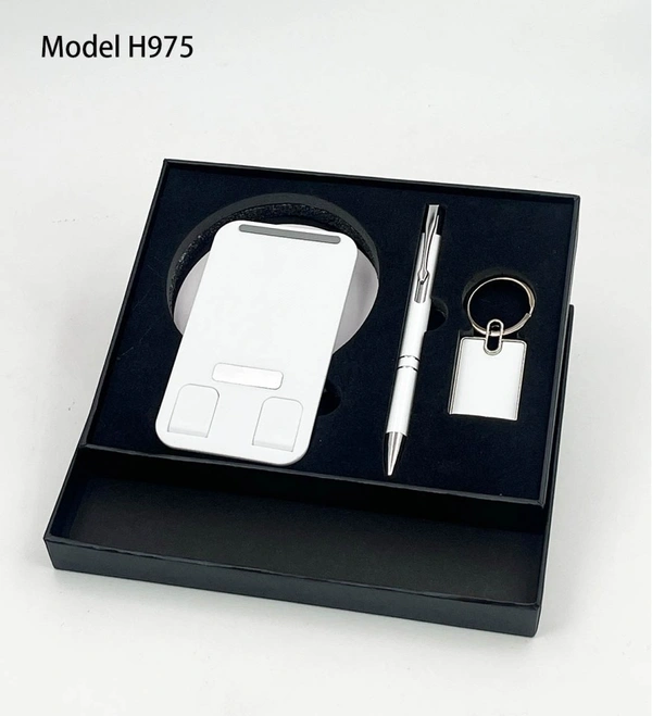 Caro 3 IN 1 GIFT SET - 360 Degree Mobile Stand, Metal Ball Pen and Keychain - White