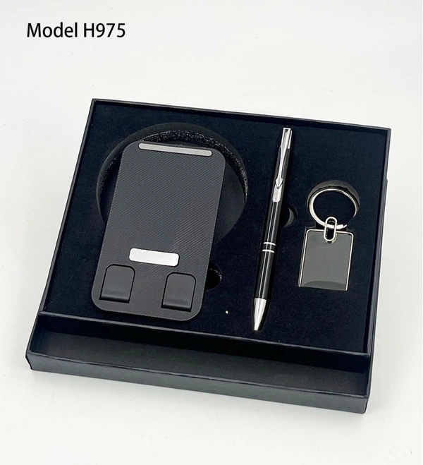 Caro 3 IN 1 GIFT SET - 360 Degree Mobile Stand, Metal Ball Pen and Keychain - White