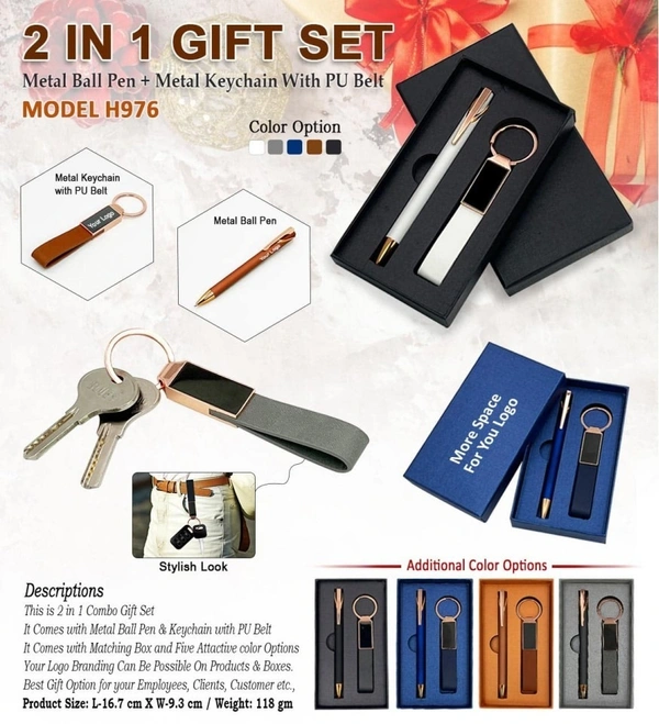Caro 2 in 1 Premium Gift Set - Metal Keychain with PU Belt & Metal Ball Pen - Gray