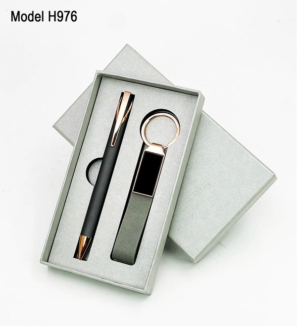 Caro 2 in 1 Premium Gift Set - Metal Keychain with PU Belt & Metal Ball Pen - Gray