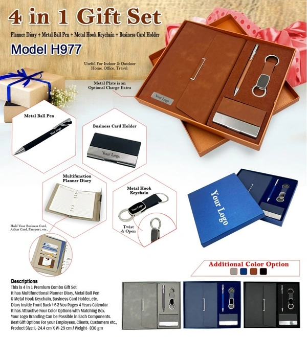 Caro 4 in 1 Gift Set - PU Leather Diary, Metal Ball Pen, Metal Hook Keychain, Metal Business Card Holder - Brown