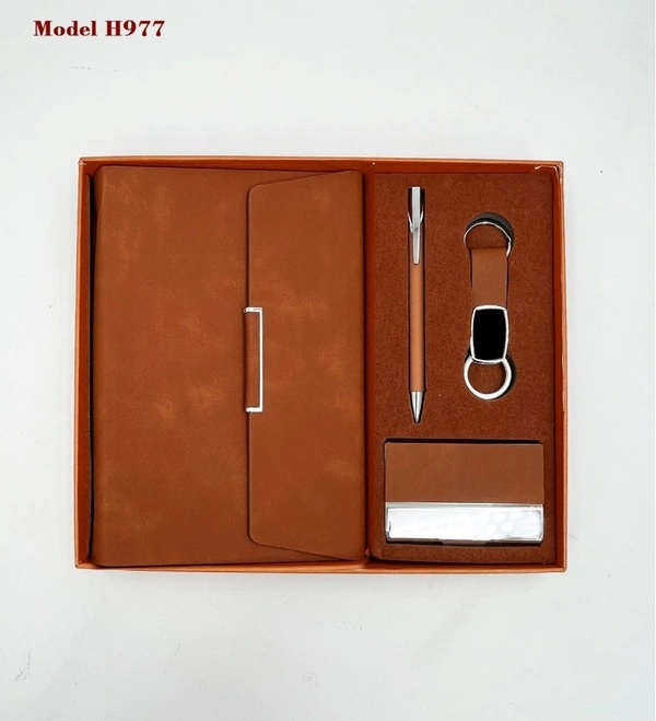 Caro 4 in 1 Gift Set - PU Leather Diary, Metal Ball Pen, Metal Hook Keychain, Metal Business Card Holder - Brown