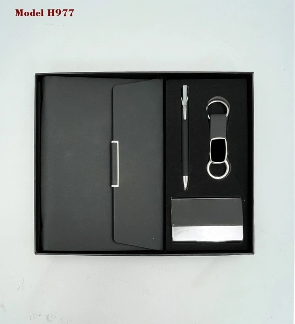 Caro 4 in 1 Gift Set - PU Leather Diary, Metal Ball Pen, Metal Hook Keychain, Metal Business Card Holder - Brown