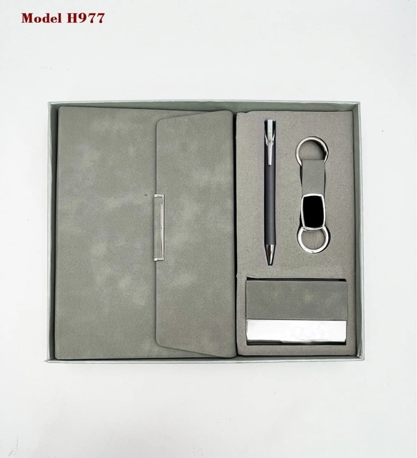 Caro 4 in 1 Gift Set - PU Leather Diary, Metal Ball Pen, Metal Hook Keychain, Metal Business Card Holder - Brown