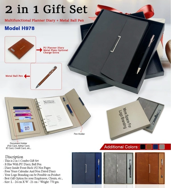 Caro 2 in 1 Gift Set - PU Leather Planner Diary & Metal Ball Pen - Gray