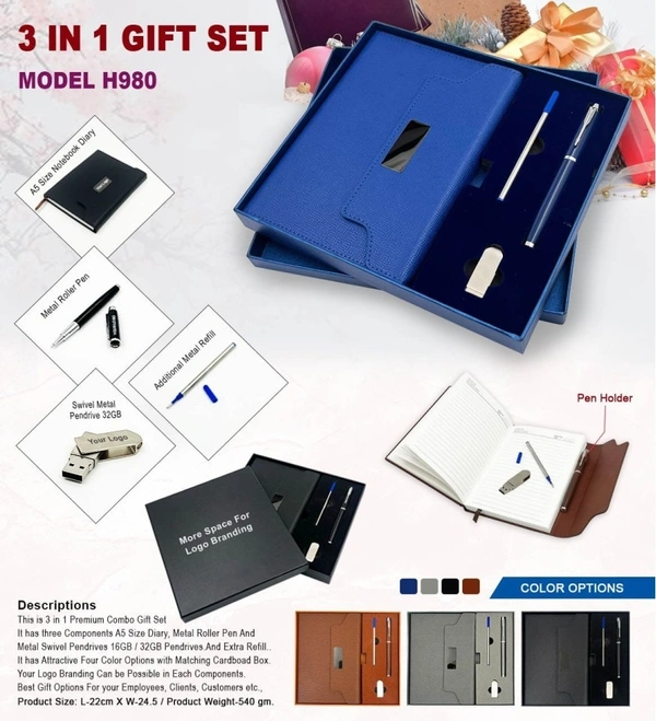 Caro 3 in 1 Giftset - A5 Size Diary, Metal Ball Pen and 32GB USB Pendrive - A5 - 32GB, Gray