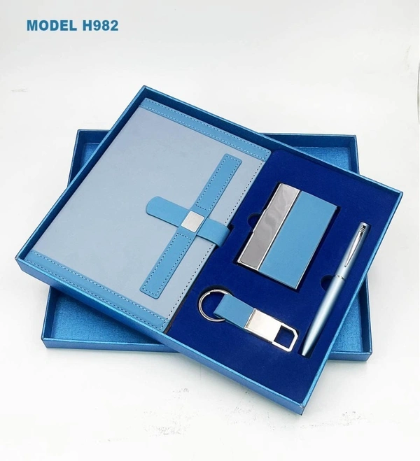 Caro 4 in 1 Giftset, PU Leather Diary, Metal Pen, Keychain, Card Holder - Blue
