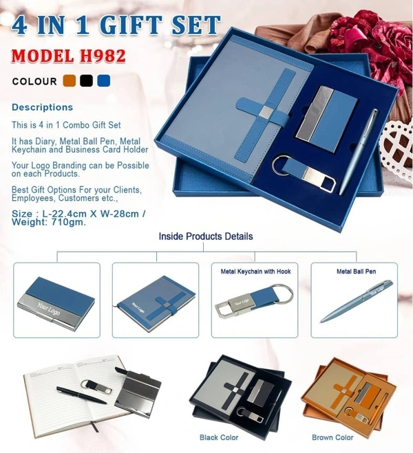 Caro 4 in 1 Giftset, PU Leather Diary, Metal Pen, Keychain, Card Holder - Blue