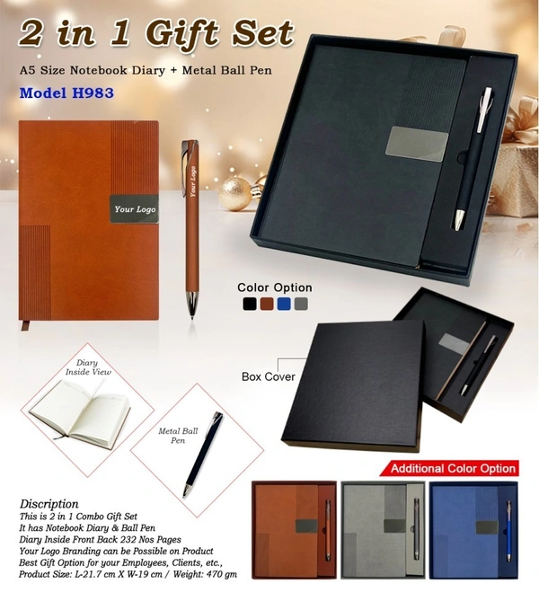 Caro 2 in 1 Premium Gift Set - A5 PU Leather Diary & Metal Ball Pen - Gray