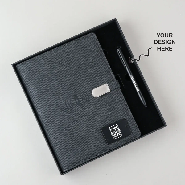 Caro Jute fusion grey 8000mAh power bank dairy whit pen glow combo gift set - Gray