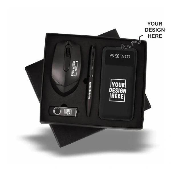 Caro 4in1 combo gift set 10000mAh power bank,32 GB pen drive,wireless mouse & pen - Black
