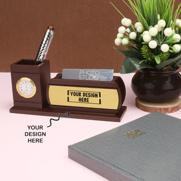 Caro Wooden stationery cum pen stand white clock CIWD03