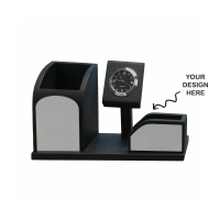 Caro Wooden stationery pen stand with clock for Corporate, Events, Promotion and Office Gifting CIWD04 - Black