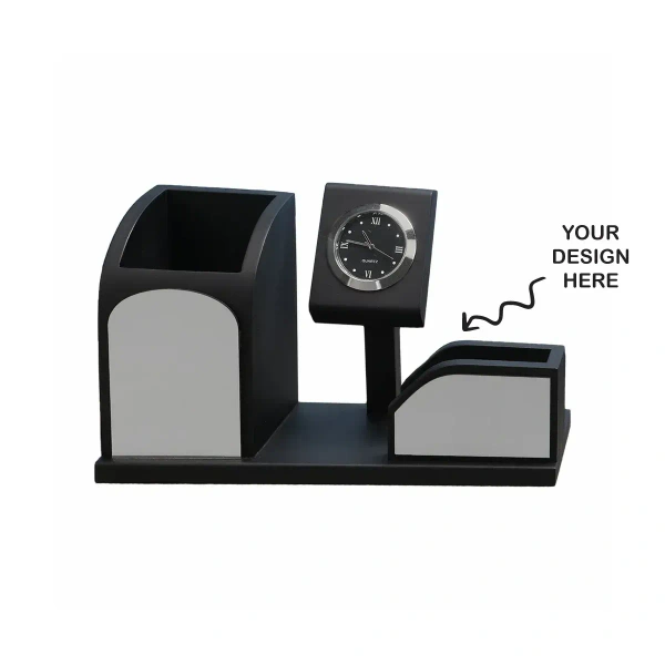 Caro Wooden stationery pen stand with clock for Corporate, Events, Promotion and Office Gifting CIWD04 - Black