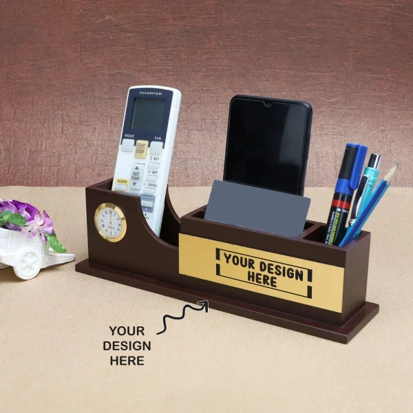Caro Wooden stationery pen stand with clock CIWD05