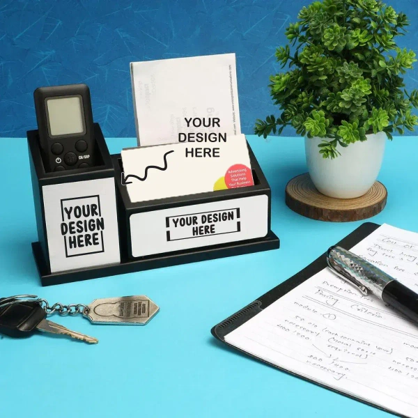 Caro Wooden stationery pen stand with clock CIWD06 - Black