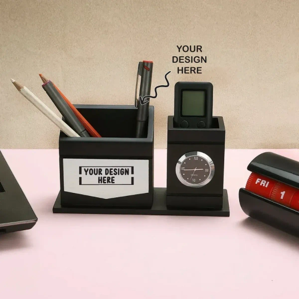 Caro Wooden stationery pen stand with clock CIWD07 - Black