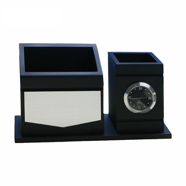 Caro Wooden stationery pen stand with clock CIWD07 - Black