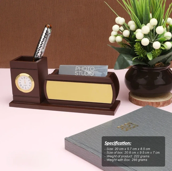 Caro Wooden stationery cum pen stand white clock CIWD03