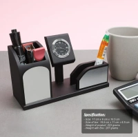 Caro Wooden stationery pen stand with clock for Corporate, Events, Promotion and Office Gifting CIWD04 - Black