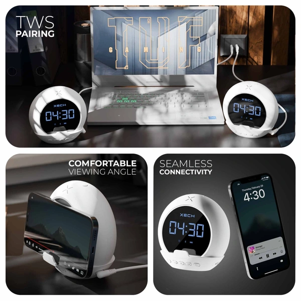 Xech Ellipse - Wireless Bluetooth Speaker Digital Clock, and Alarm - White