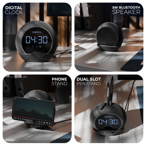 Xech Ellipse - Wireless Bluetooth Speaker Digital Clock, and Alarm - Black
