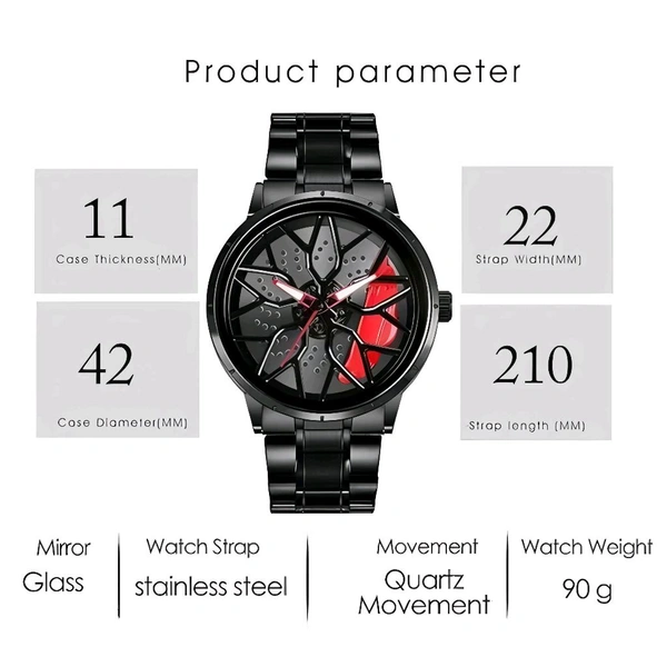 3d car Wheel Watch For Men, Alloy Strap,3d Watch Dial (Red Colour)