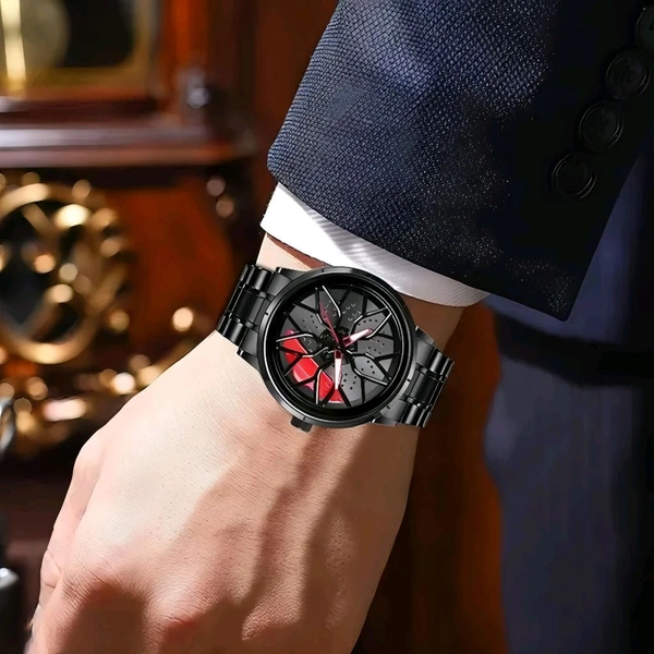 3d car Wheel Watch For Men, Alloy Strap,3d Watch Dial (Red Colour)