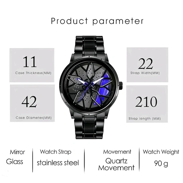 3d car Wheel Watch For Men, Alloy Strap,3d Watch Dial (Blue Colour)