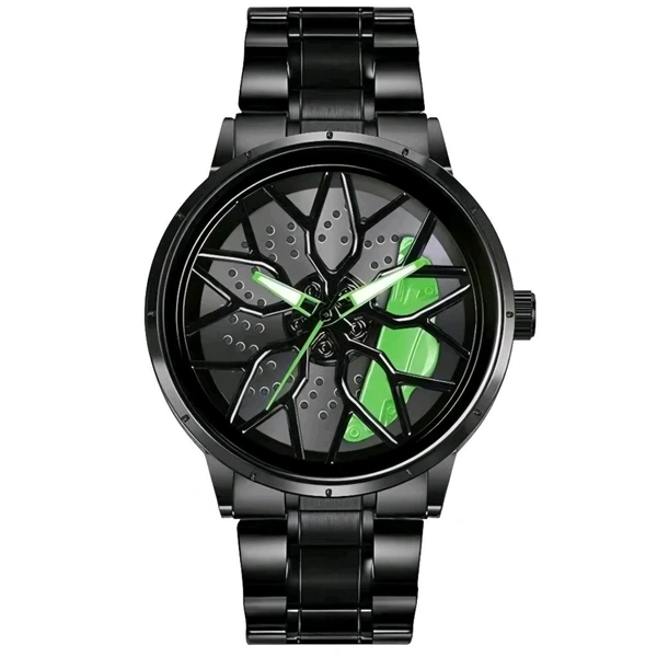 3d car Wheel Watch For Men, Alloy Strap,3d Watch Dial (Green Colour)