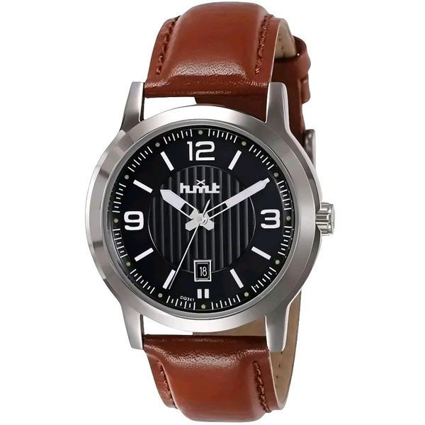 Primium Analogue Watch For Men,Black Dial, Brown Strap
