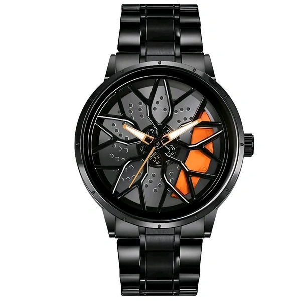 3d car Wheel Watch For Men, Alloy Strap,3d Watch Dial (Orange Colour)