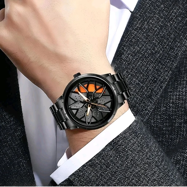 3d car Wheel Watch For Men, Alloy Strap,3d Watch Dial (Orange Colour)