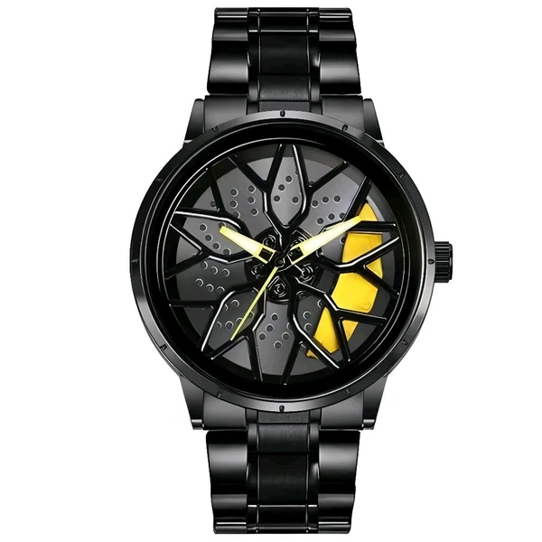 3d car Wheel Watch For Men, Alloy Strap,3d Watch Dial (Yellow Colour)