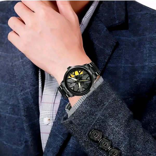 3d car Wheel Watch For Men, Alloy Strap,3d Watch Dial (Yellow Colour)
