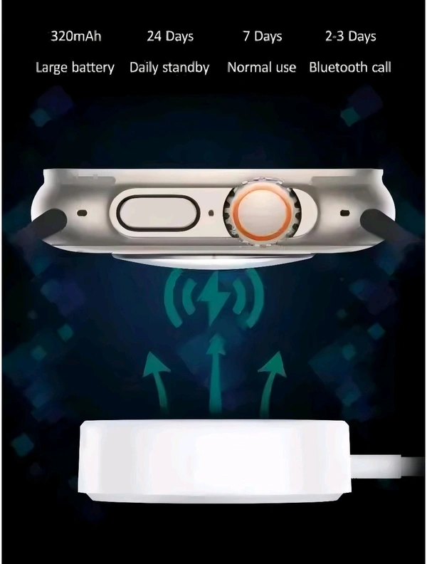 T800 Ultra Unisex Smartwatch For Men And Women, Wireless Charging, Orange Strap 