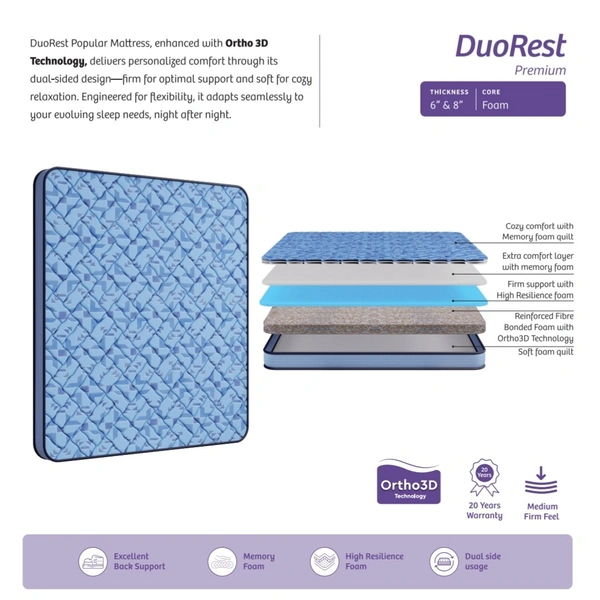 Kurlon DuoRest Premium Mattress 6 Inch Kurlon Bonded Memory Foam Mattresses In Ahmedabad Call 9624407991 - 72 X 72, 6 Inch Thickness