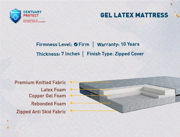 Centuary Gel Latex Mattress 7 Inch Latex With Bonded Foam Mattresses - 75 X 60, 7 Inch Thickness