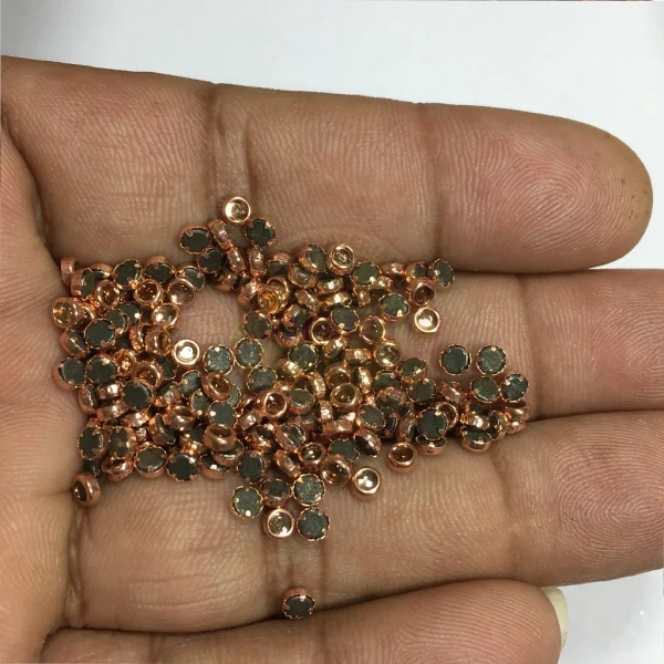 Kundan Stone 3mm Color Copper Flat Back Framed Round Shape  - Copper, 50gms, 3MM, Round