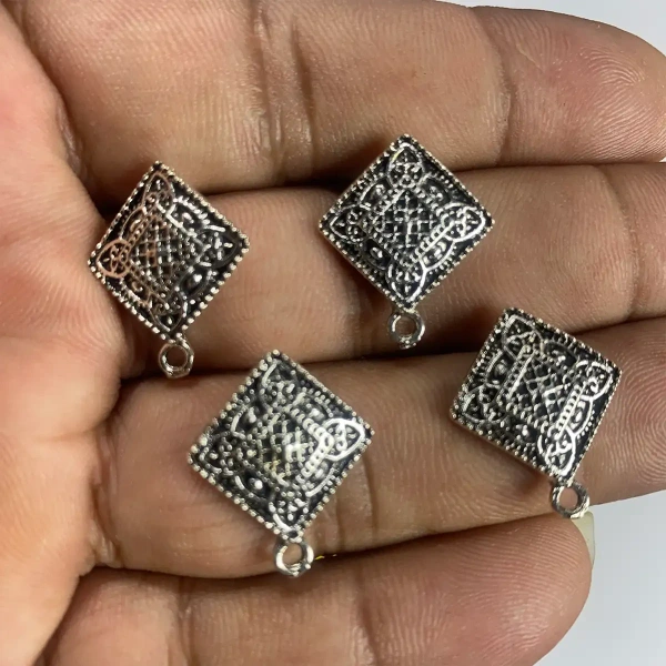 Silver Oxidized Diamond Shape Earrings Making Studs Tops - 10 Pieces