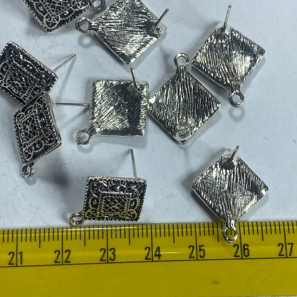 Silver Oxidized Diamond Shape Earrings Making Studs Tops - 10 Pieces