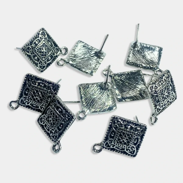 Silver Oxidized Diamond Shape Earrings Making Studs Tops - 10 Pieces