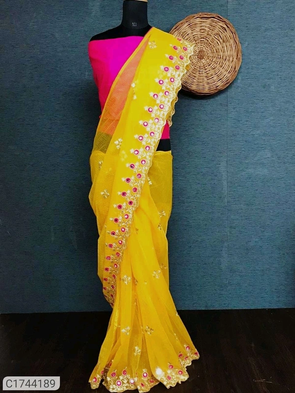 Yellow Embroidered Saree Pink Blouse Piece