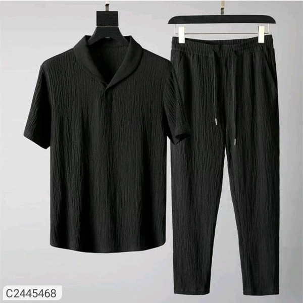 Black Ribbed Polo Shirt And Trouser Set - Black, Length 38-40 Inch 30 Waist 36hip