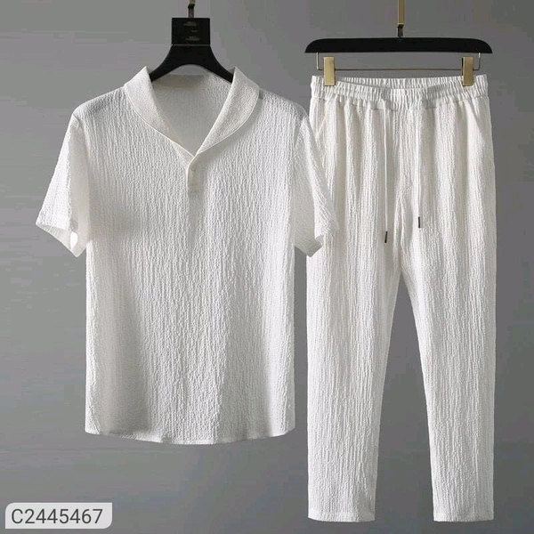 White Ribbed Polo Shirt And Trouser Set - White