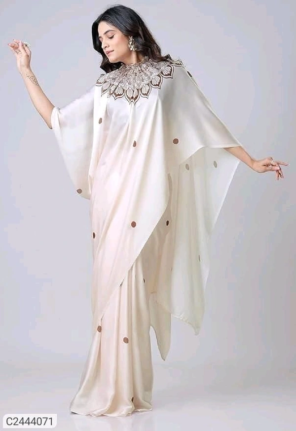 Elegant White Cape Saree With Gold Embroidery  - White, (Length 6 Width 1.5 Cape 2)Yards