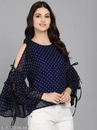 Name : STYLE SNP2 Blue Dot Top  Fabric : Georgette  Sleeve Length : Three-Quarter Sleeves  Pattern : Printed - S, L, XL, Downriver