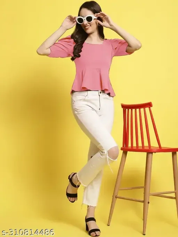 Name : Women Square Neck Puff Sleeves Peplum Top (Women Top | Women Tops | Top)  Fabric : Polyester  Sleeve Length : Short Sleeves  Pattern : Solid - S (Bust Size : 32 in, Length Size: 20 in)  M (Bust Size : 34 in, Length Size: 20 in)  L (Bust Size : 36 in, Length Size: 21 in)  XL (Bust Size : 38 in, Length Size: 21 in), Pink